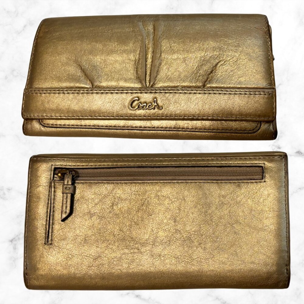 COACH Metallic Gold Leather Wallet | Snap Closure Billfold with Card Slots